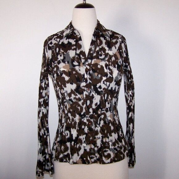 Apt. 9 Shirt Top Blouse PM Stretch Accordion Pleats Long Sleeves Brown Black - Picture 2 of 10